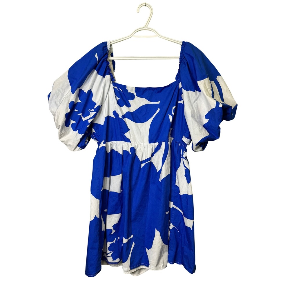 Sugar Lips Blue White Floral Puff Sleeve Smocked Back Tie Mini Dress XL Cottage